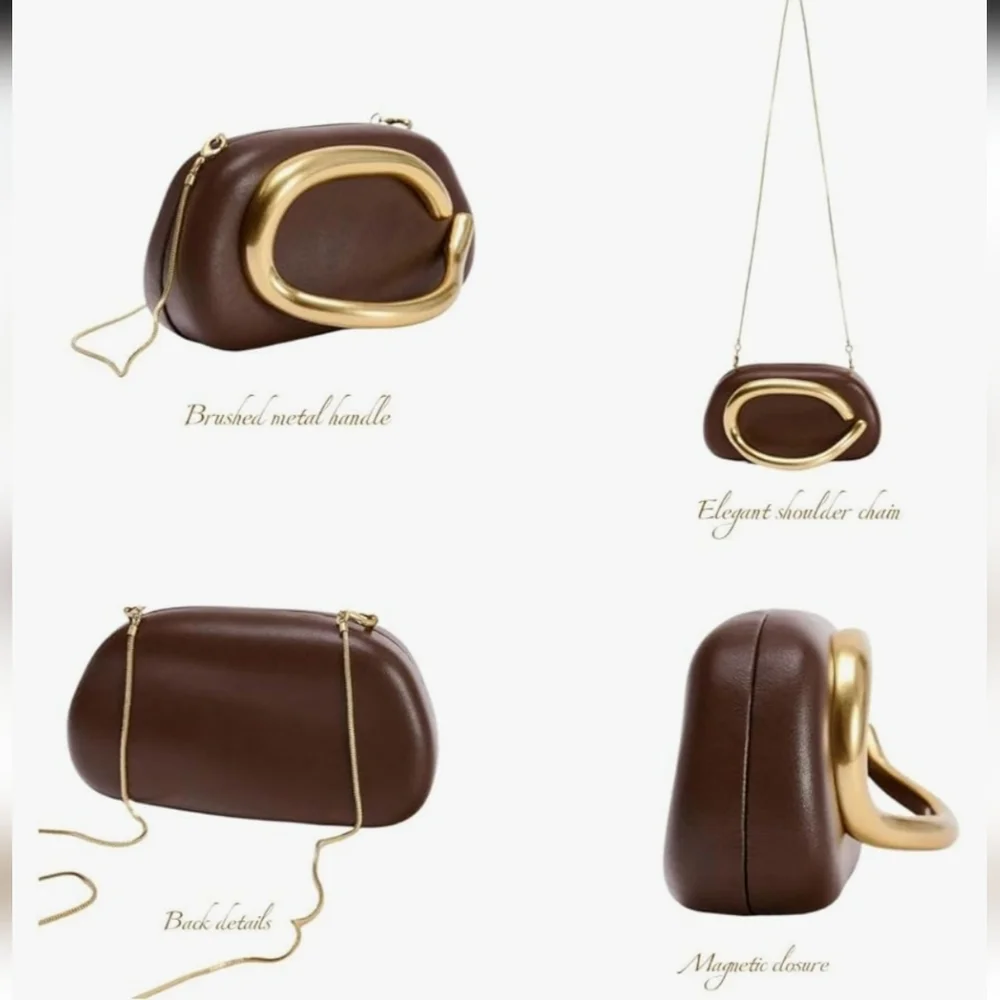 Chic Brown Bag with Metal Handle Clutch